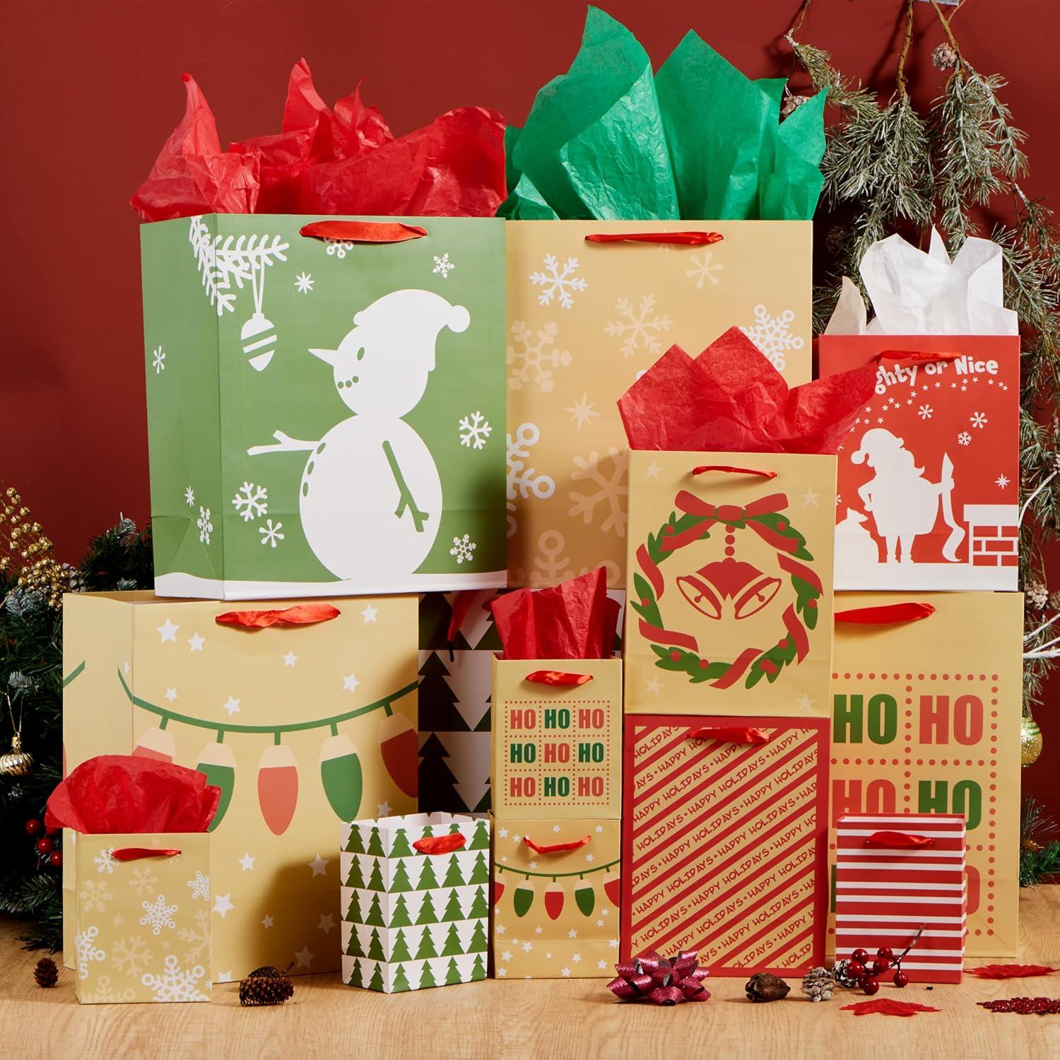 imageJOYIN 18 PCS Christmas Bags Assorted Sizes Kraft Treat Candy Bags Small 55 Medium 9 Large 13 for Xmas Party Favors Decoration Holiday Present Wrapping Thanksgiving Gift DecorBrown Green Red White