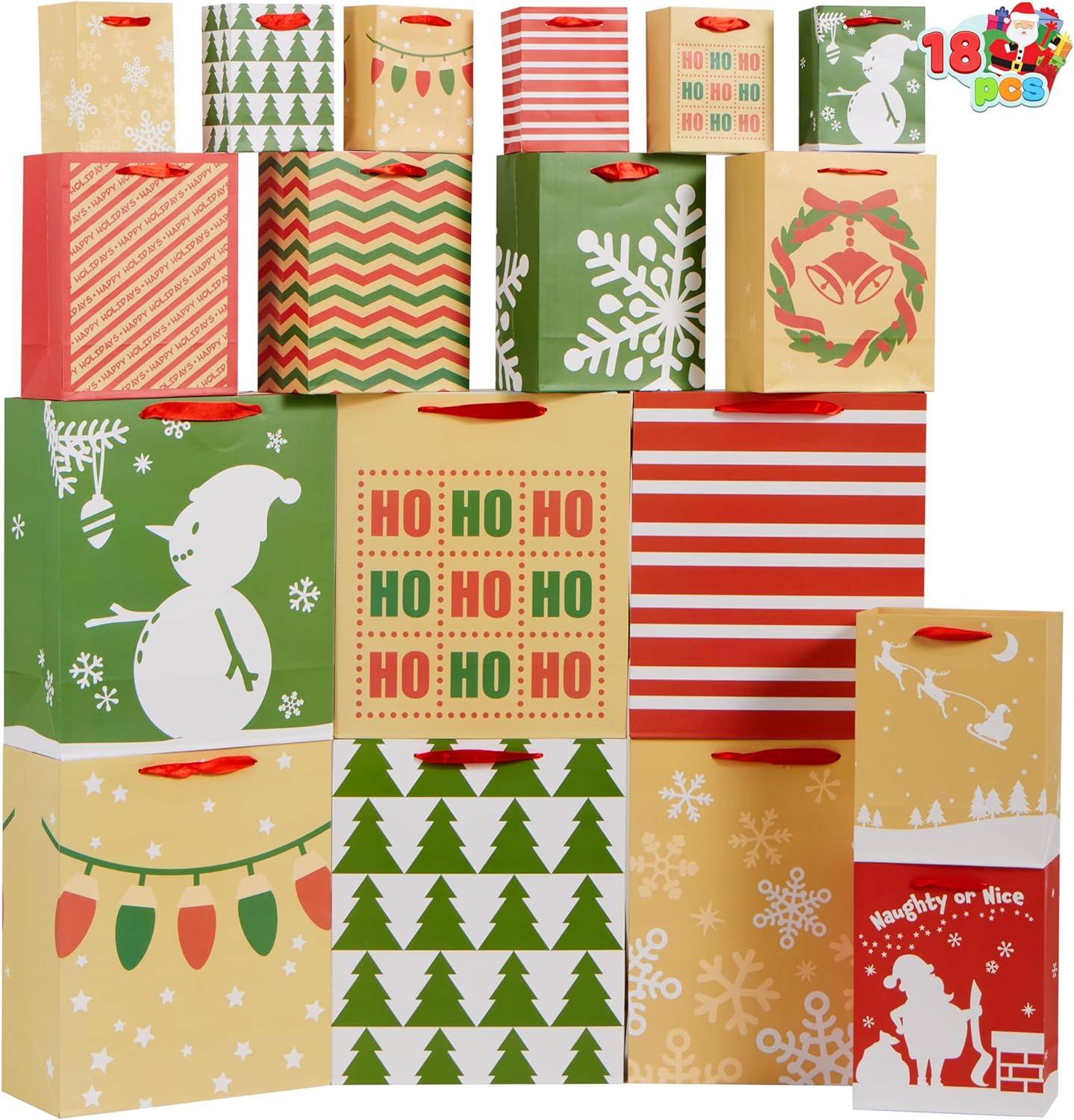 imageJOYIN 18 PCS Christmas Bags Assorted Sizes Kraft Treat Candy Bags Small 55 Medium 9 Large 13 for Xmas Party Favors Decoration Holiday Present Wrapping Thanksgiving Gift DecorBrown Green Red White