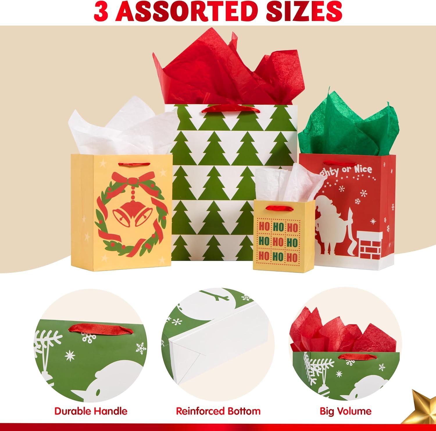 imageJOYIN 18 PCS Christmas Bags Assorted Sizes Kraft Treat Candy Bags Small 55 Medium 9 Large 13 for Xmas Party Favors Decoration Holiday Present Wrapping Thanksgiving Gift DecorBrown Green Red White