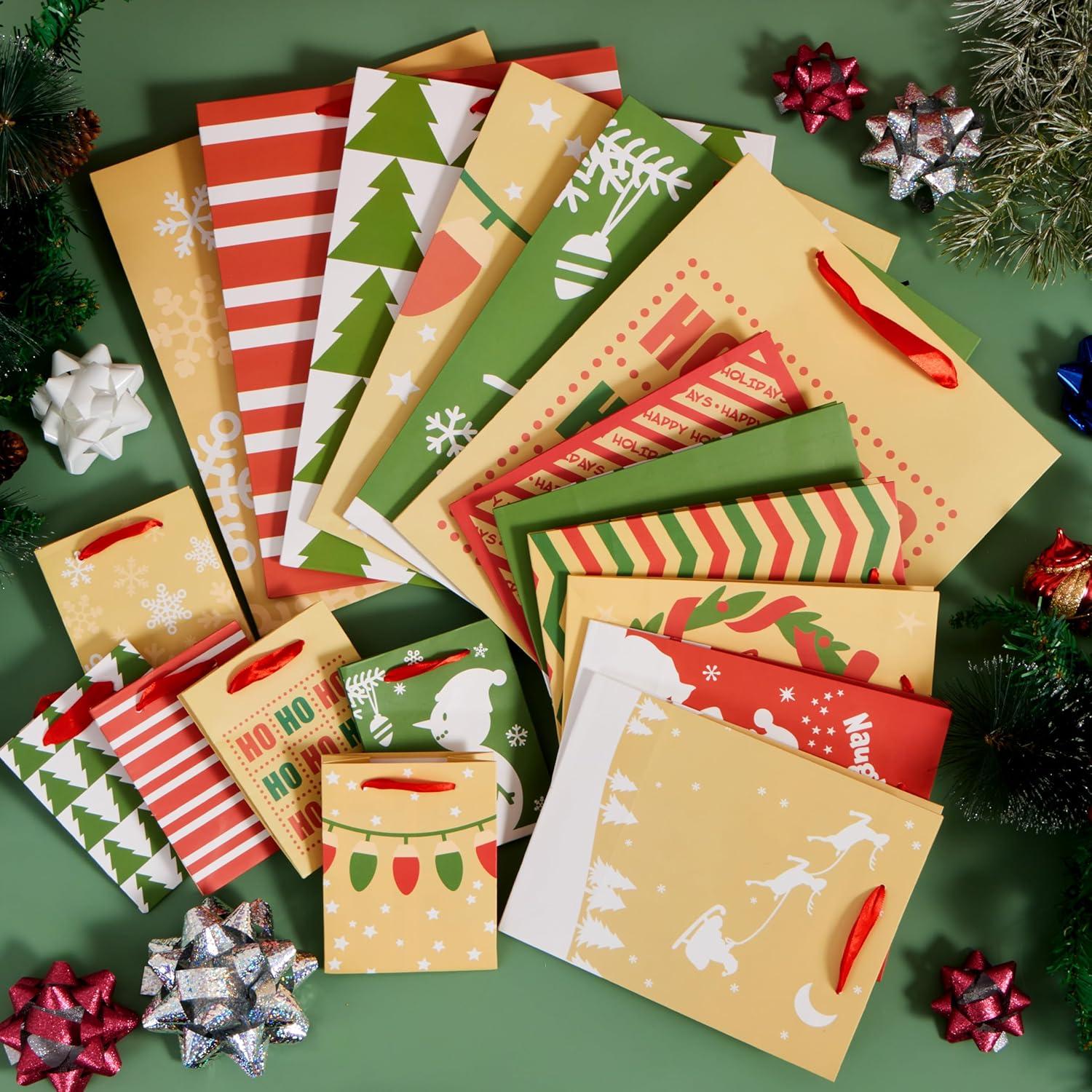 imageJOYIN 18 PCS Christmas Bags Assorted Sizes Kraft Treat Candy Bags Small 55 Medium 9 Large 13 for Xmas Party Favors Decoration Holiday Present Wrapping Thanksgiving Gift DecorBrown Green Red White