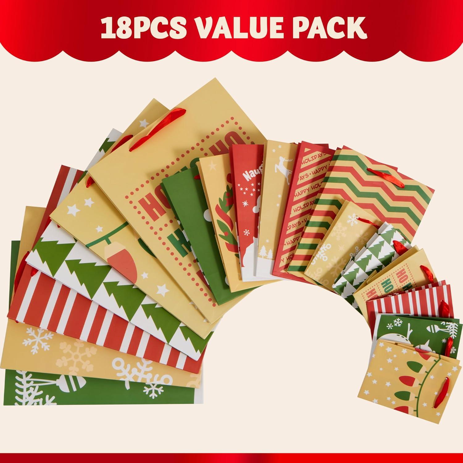 imageJOYIN 18 PCS Christmas Bags Assorted Sizes Kraft Treat Candy Bags Small 55 Medium 9 Large 13 for Xmas Party Favors Decoration Holiday Present Wrapping Thanksgiving Gift DecorBrown Green Red White