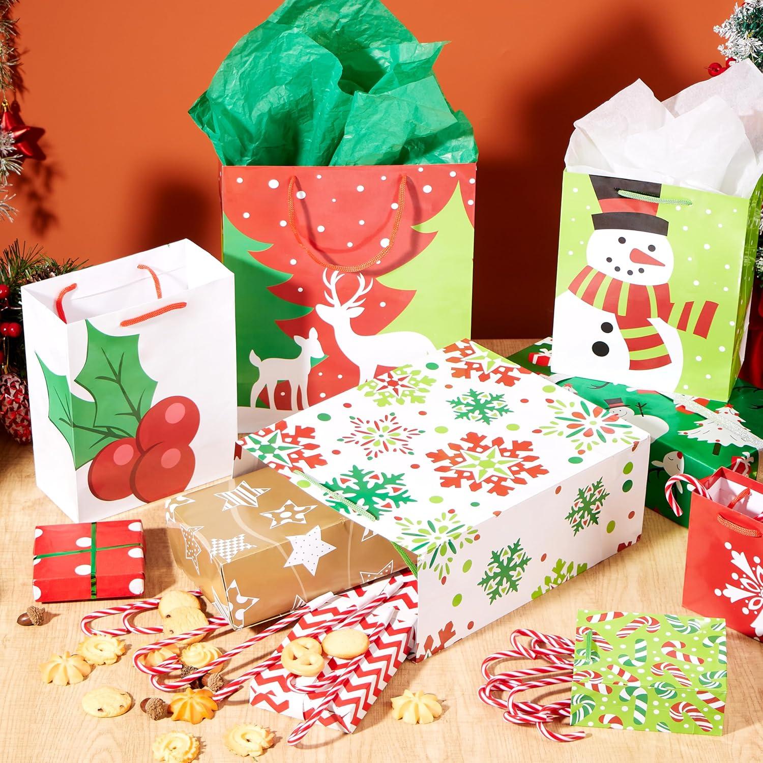 imageJOYIN 20 PCS Christmas Goody Gift Bags with Handles Assorted Sizes Holiday Paper Presents Wrapping Bag for Xmas GiftGiving Thanksgiving Gift Decor Classroom Treat Candy and Party Favors