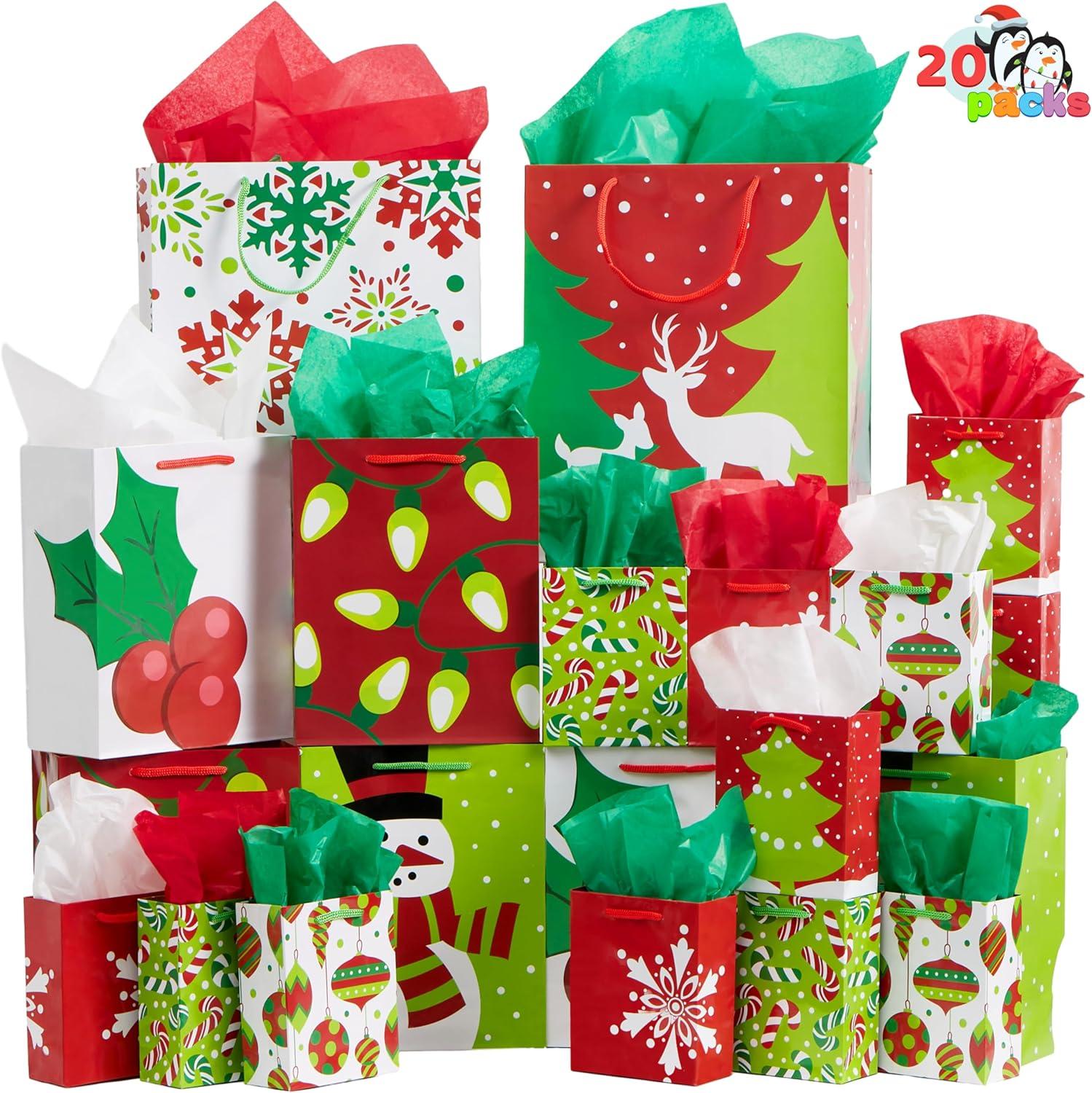 imageJOYIN 20 PCS Christmas Goody Gift Bags with Handles Assorted Sizes Holiday Paper Presents Wrapping Bag for Xmas GiftGiving Thanksgiving Gift Decor Classroom Treat Candy and Party Favors