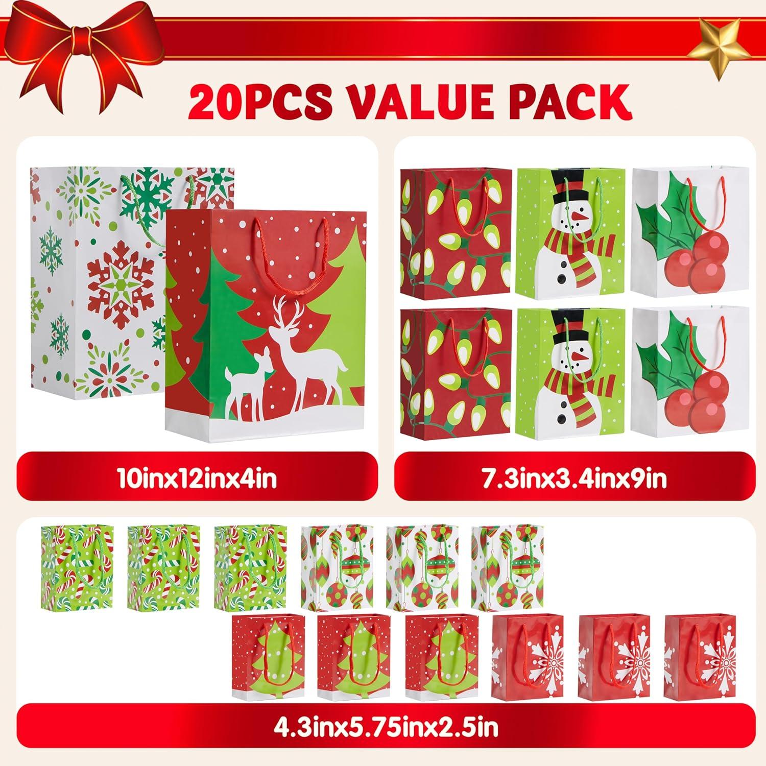 imageJOYIN 20 PCS Christmas Goody Gift Bags with Handles Assorted Sizes Holiday Paper Presents Wrapping Bag for Xmas GiftGiving Thanksgiving Gift Decor Classroom Treat Candy and Party Favors
