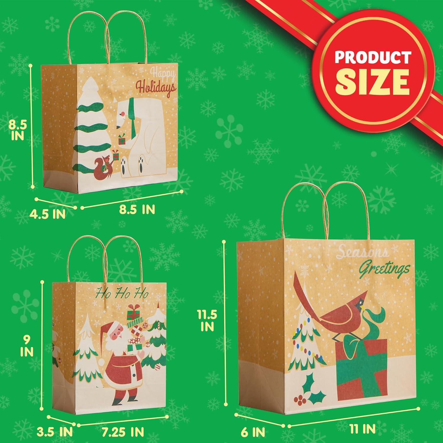 imageJOYIN 24 PCS Christmas Kraft Gift Bags with Assorted Sizes Present Bags for Wrapping Xmas Holiday Party Favors Thanksgiving Gift Decoration School Classrooms Classic Not Include Tissue Paper