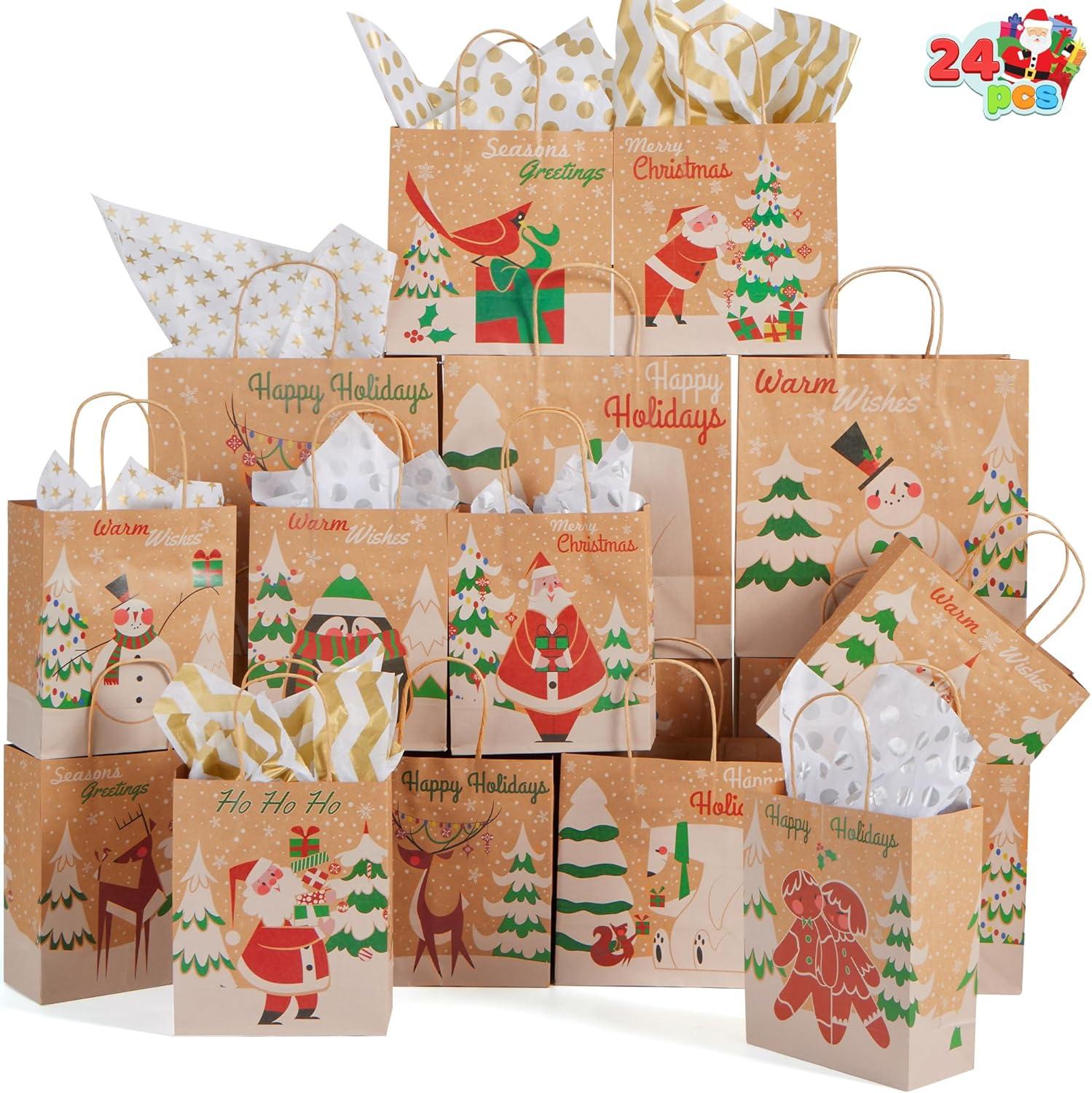 imageJOYIN 24 PCS Christmas Kraft Gift Bags with Assorted Sizes Present Bags for Wrapping Xmas Holiday Party Favors Thanksgiving Gift Decoration School Classrooms Classic Not Include Tissue Paper