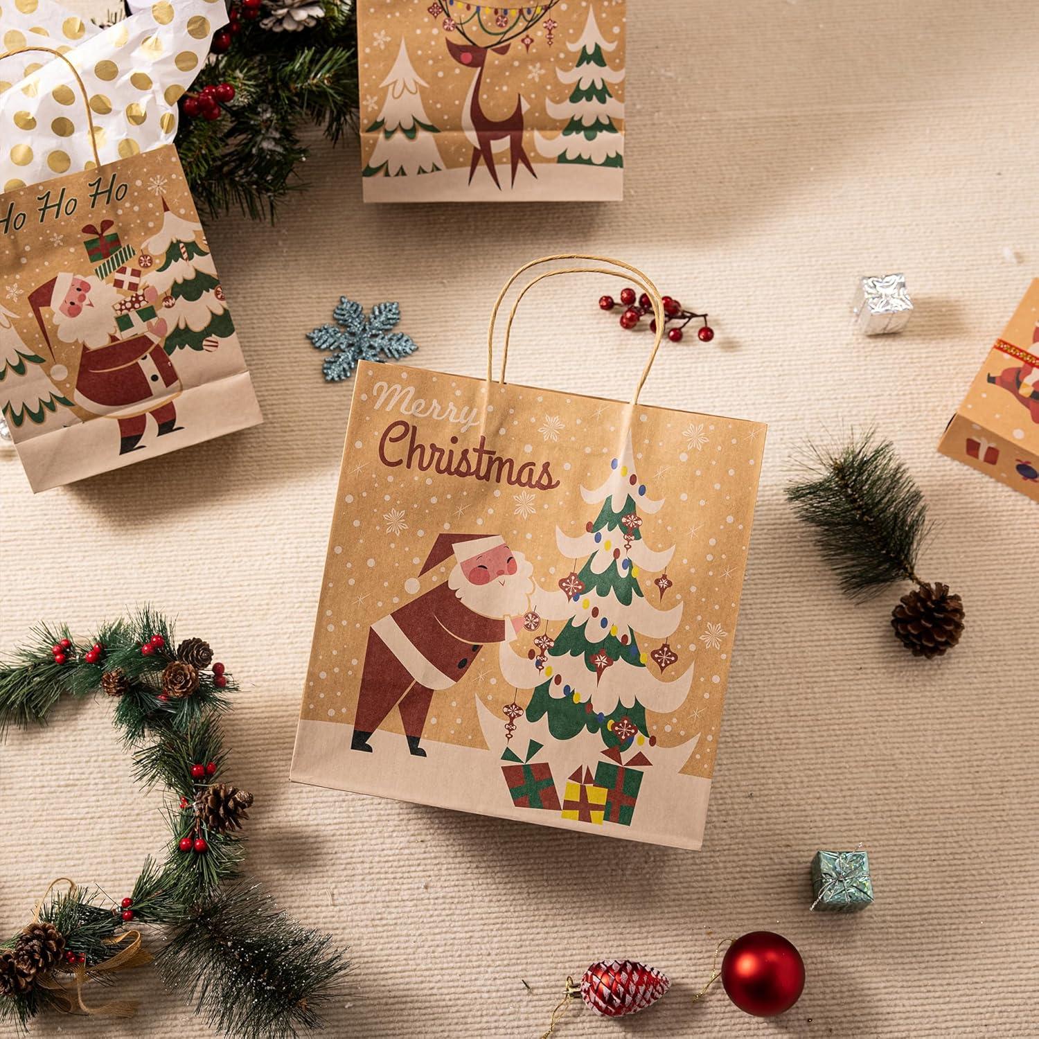 imageJOYIN 24 PCS Christmas Kraft Gift Bags with Assorted Sizes Present Bags for Wrapping Xmas Holiday Party Favors Thanksgiving Gift Decoration School Classrooms Classic Not Include Tissue Paper