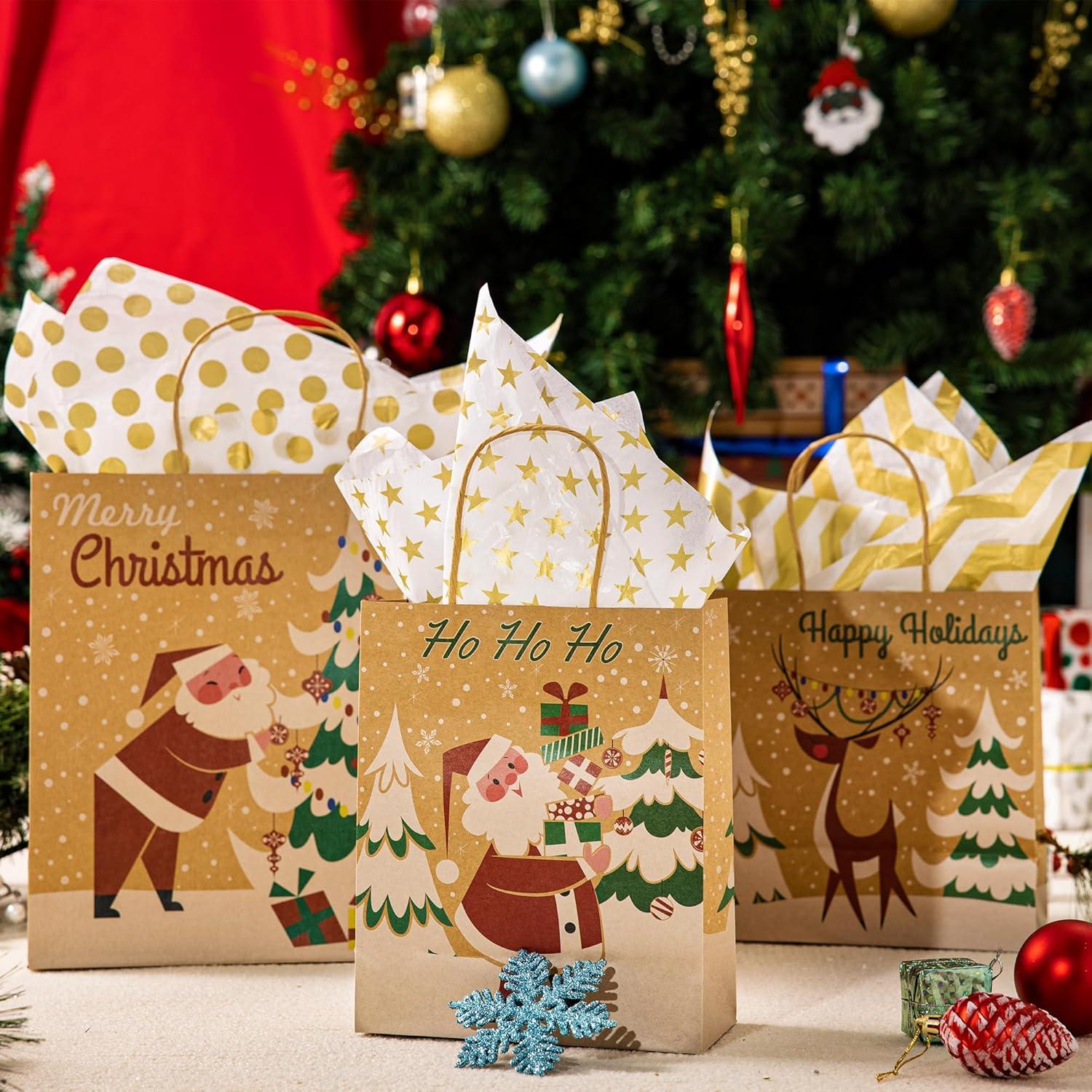 imageJOYIN 24 PCS Christmas Kraft Gift Bags with Assorted Sizes Present Bags for Wrapping Xmas Holiday Party Favors Thanksgiving Gift Decoration School Classrooms Classic Not Include Tissue Paper
