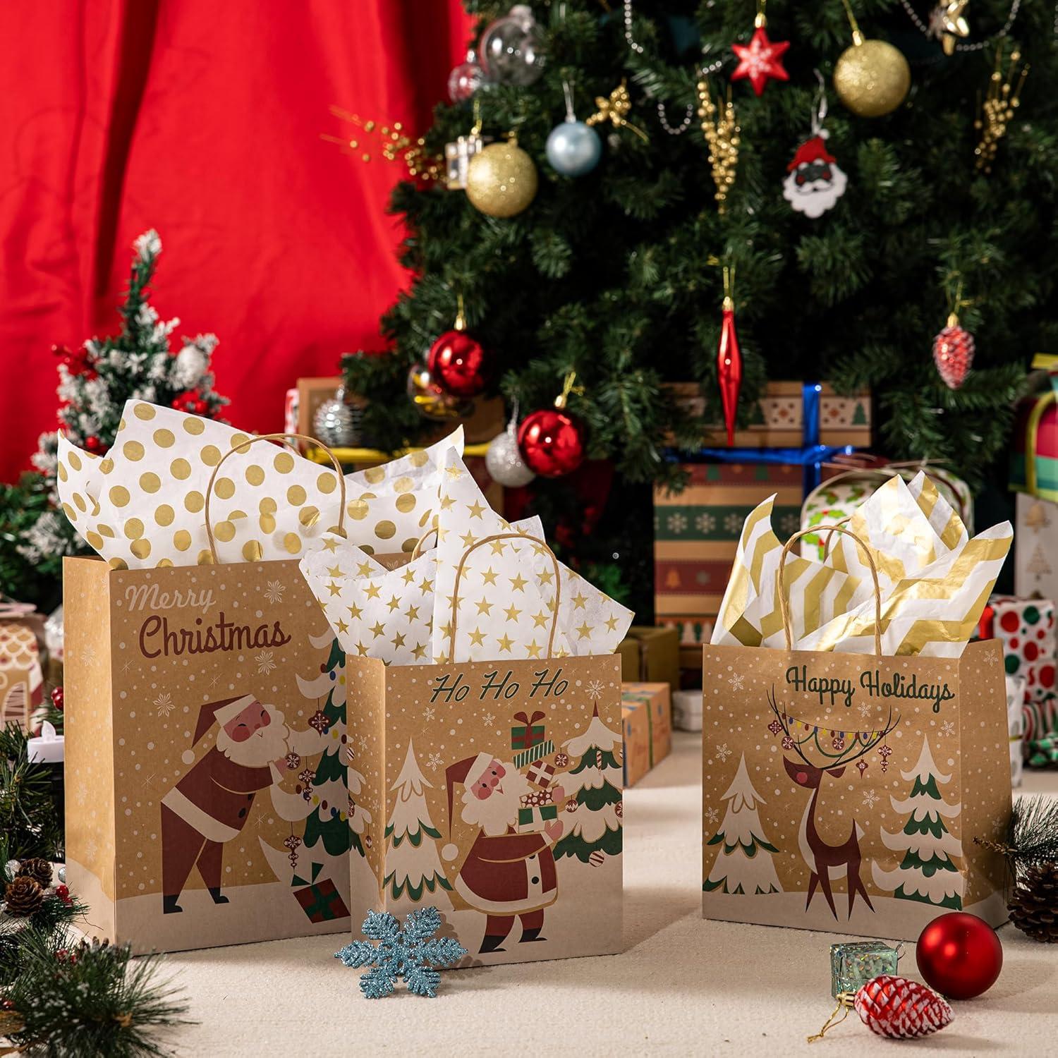 imageJOYIN 24 PCS Christmas Kraft Gift Bags with Assorted Sizes Present Bags for Wrapping Xmas Holiday Party Favors Thanksgiving Gift Decoration School Classrooms Classic Not Include Tissue Paper