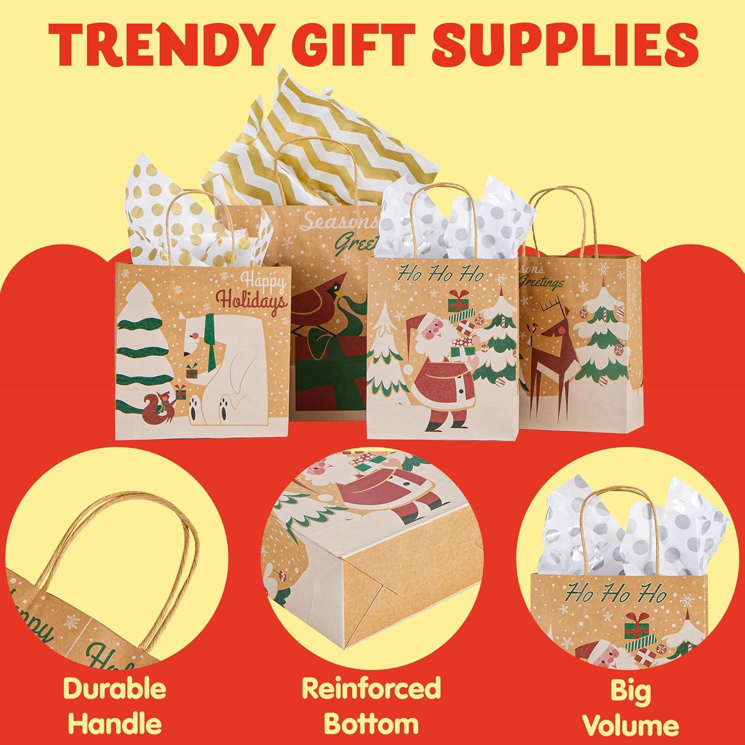 imageJOYIN 24 PCS Christmas Kraft Gift Bags with Assorted Sizes Present Bags for Wrapping Xmas Holiday Party Favors Thanksgiving Gift Decoration School Classrooms Classic Not Include Tissue Paper