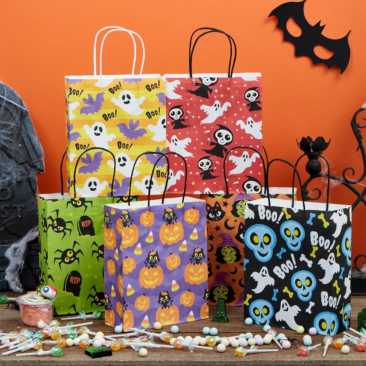 imageJOYIN 24 Pcs Halloween Paper Goodie Bags with Handles in 6 designs for Halloween Trick or Treat Colorful Candy Bags for Party Favor Party Supplies