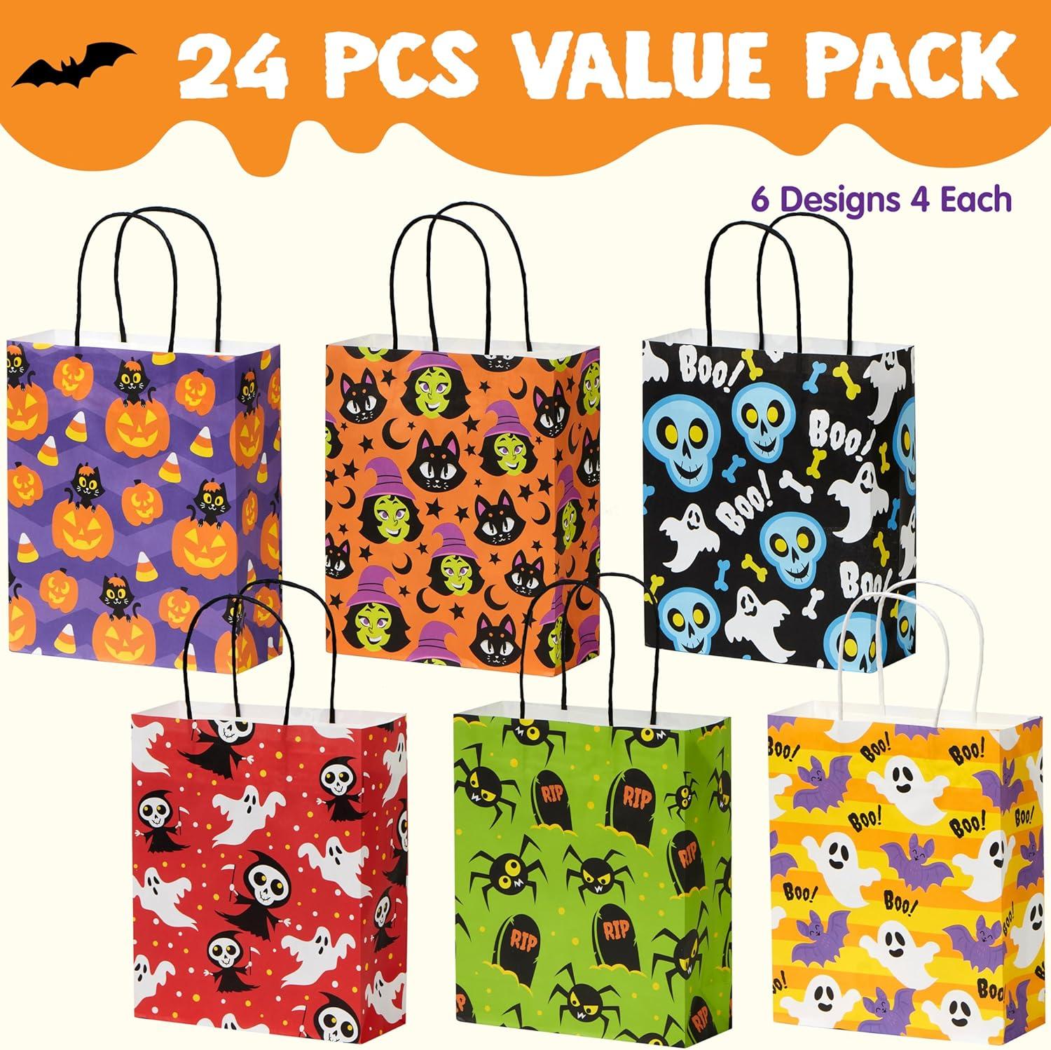 imageJOYIN 24 Pcs Halloween Paper Goodie Bags with Handles in 6 designs for Halloween Trick or Treat Colorful Candy Bags for Party Favor Party Supplies