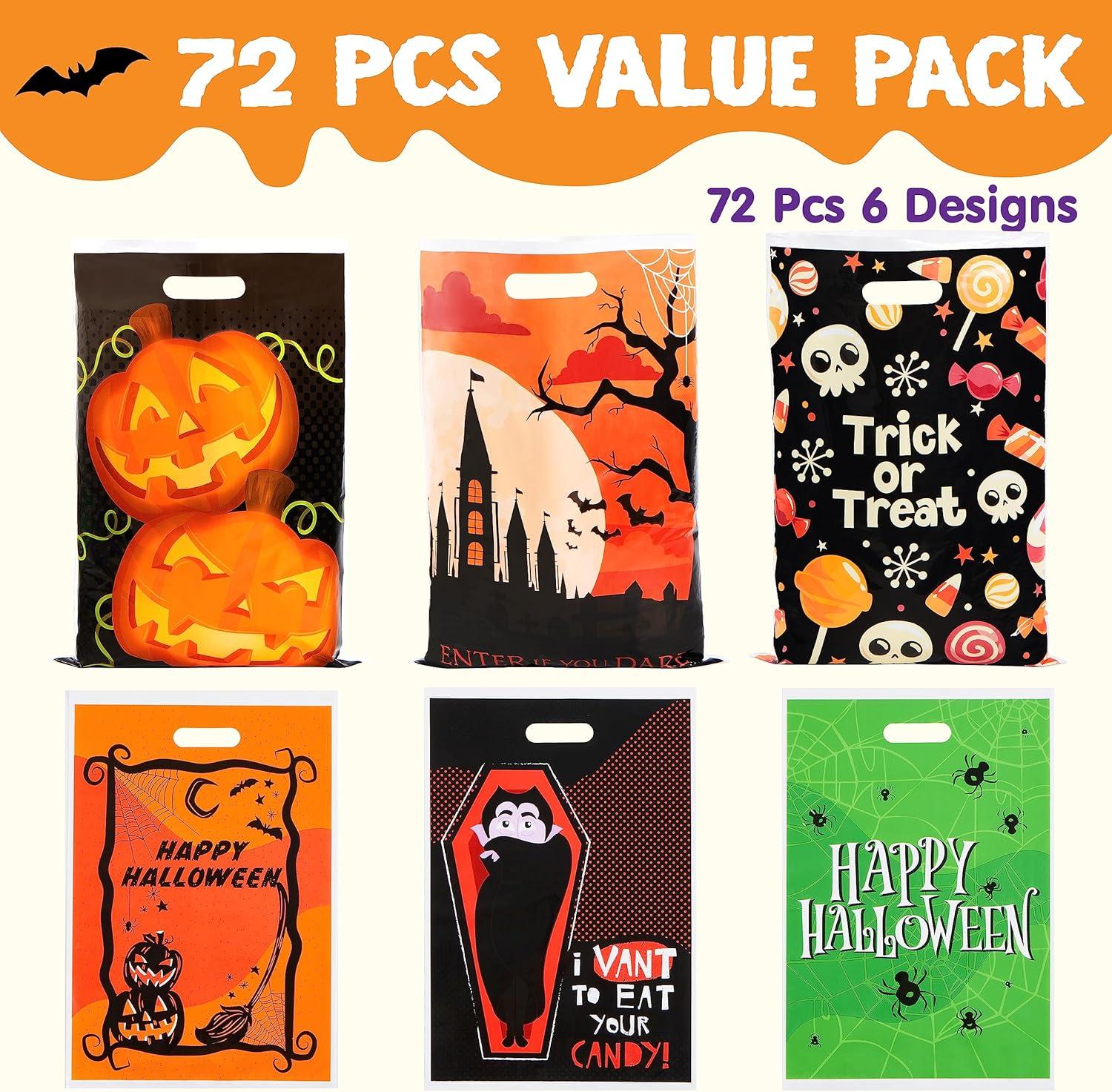 imageJOYIN 72 Pcs Halloween Candy Bag for Trick or Treating Plastic Goodie Bags Assorted for Halloween TrickorTreat Snacks Party Favors Event Party Favor Supplies Classroom Prizes