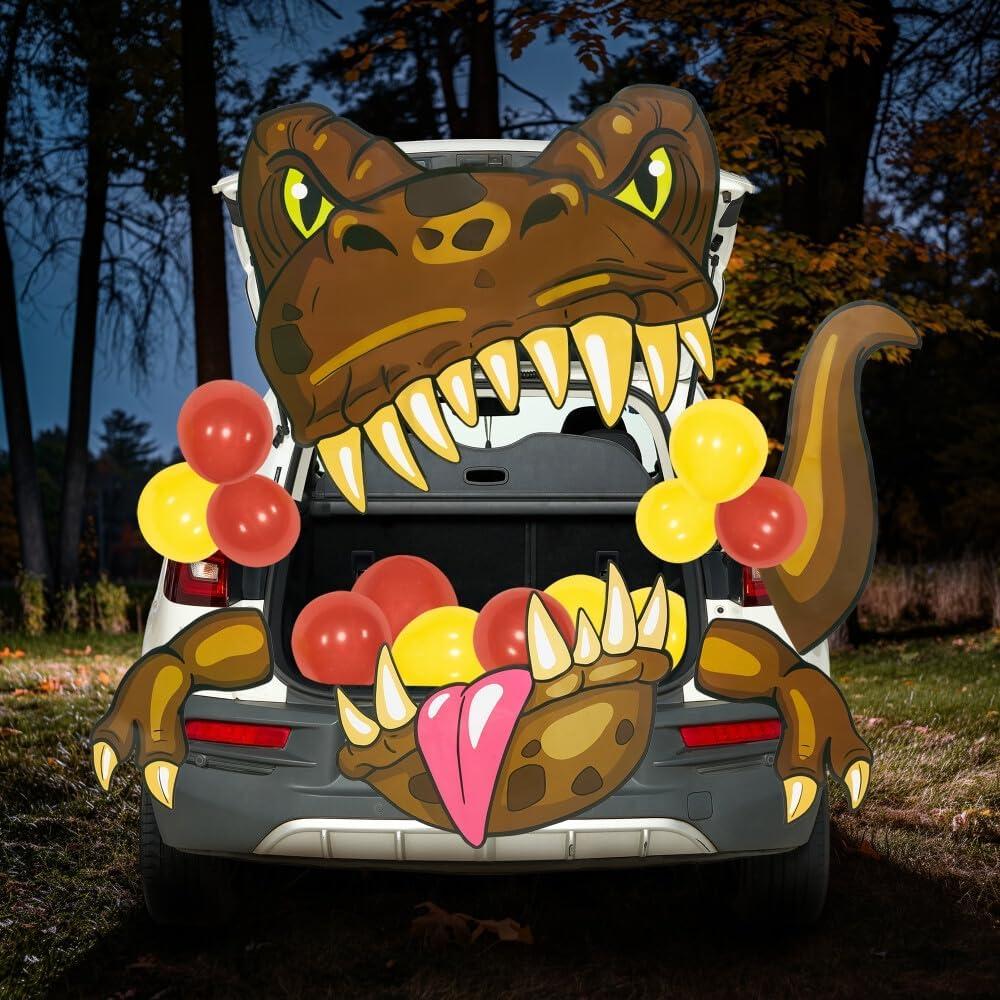 imageJOYIN Halloween Dinosaur Trunk Or Treat Car Decorations Kit for SUV Outdoor Indoor Decor Balloons Trex for Haunted House Door Archway Entryway with Tassels Paper Board Dot Glue