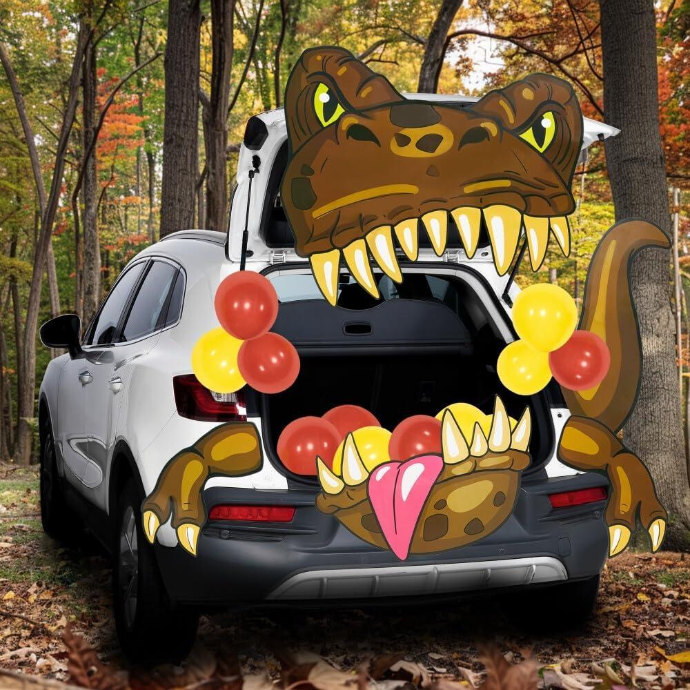 imageJOYIN Halloween Dinosaur Trunk Or Treat Car Decorations Kit for SUV Outdoor Indoor Decor Balloons Trex for Haunted House Door Archway Entryway with Tassels Paper Board Dot Glue