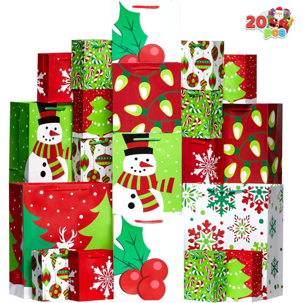 imageJOYIN 20 PCS Christmas Goody Gift Bags with Handles Assorted Sizes Holiday Paper Presents Wrapping Bag for Xmas GiftGiving Thanksgiving Gift Decor Classroom Treat Candy and Party Favors