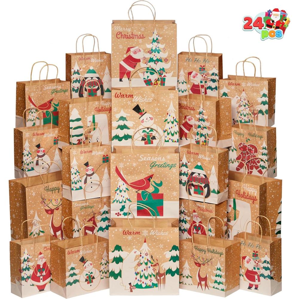 imageJOYIN 24 PCS Christmas Kraft Gift Bags with Assorted Sizes Present Bags for Wrapping Xmas Holiday Party Favors Thanksgiving Gift Decoration School Classrooms Classic Not Include Tissue Paper