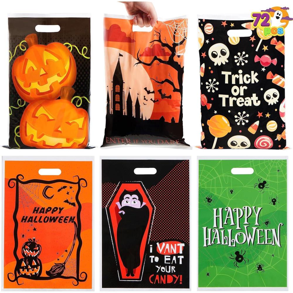 imageJOYIN 72 Pcs Halloween Candy Bag for Trick or Treating Plastic Goodie Bags Assorted for Halloween TrickorTreat Snacks Party Favors Event Party Favor Supplies Classroom Prizes