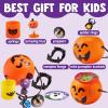 imageJOYIN 144 PCS Halloween Toy Gifts for Kid Trick or Treating 24 Pack Prefilled Mini Pumpkin Buckets with Spider Ring Popper Spring Vampire Teeth and Spinning Top Halloween Party Favors Supplies