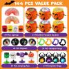 imageJOYIN 144 PCS Halloween Toy Gifts for Kid Trick or Treating 24 Pack Prefilled Mini Pumpkin Buckets with Spider Ring Popper Spring Vampire Teeth and Spinning Top Halloween Party Favors Supplies