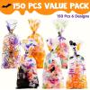 imageJOYIN 150 PCS Halloween Cellophane Candy Bags Clear Treat Bags with Twist Ties Halloween Trick or Treating Goodie Bag Non Candy Cookie Bag Bulk for Kids Classroom Party Favors Supplies in 6 Design