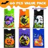imageJOYIN 60 PCS Halloween Drawstring Treat Bags Goodie Candy Trick or Treat Bags Bulk 6 Design Goody Bag for Trick or Treating Small Plastic Snack Gifts Bag for Kids Halloween Party Favors Supplies
