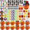 imageJOYIN 144 PCS Halloween Toy Gifts for Kid Trick or Treating 24 Pack Prefilled Mini Pumpkin Buckets with Spider Ring Popper Spring Vampire Teeth and Spinning Top Halloween Party Favors Supplies