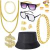 imageSpooktacular Creations 12 Pcs Hip Hop Costume Kit 80s 90s Rapper Fake Gold Chain Necklace Dollar Sign Accessories Outfit for Men Women Halloween Old School Rapper Cosplay Themed Party Supplies