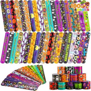 imageJOYIN 100 PCS Halloween Slap Bracelets for Kids Halloween Bracelets Bulk for Girls Boys Gifts Friendship Bracelets Snap Bracelets for Halloween Party Favors Goodie Bag Fillers