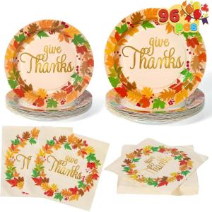 imageJOYIN 100Pcs Thanksgiving Paper Plates and Napkins Disposable Dinnerware Set for 25 Guests Give Thanks Theme Party Supplies Happy Thanksgiving Autumn Tableware SetGive Thanks