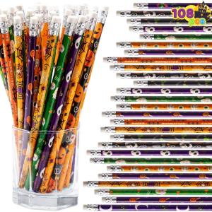 imageJOYIN 108 PCS Halloween Pencil Assortment with Eraser in 12 Designs Assorted Colorful Wood Pencils Themed Stationery Set for Kids Trick or Treat Classroom Party Favor Supply Prize Goodie Bag Filler