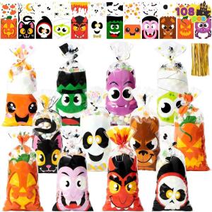 imageJOYIN 108 Pcs Halloween Cellophane Bags for Sweet Candy Treat Goodie Gift Bags Bulk with Twist Tie for Kids Trick or Treating Halloween Day Table Decor and Party Favor Supplies in 12 Designs