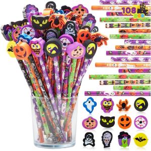 imageJOYIN 108PCS Halloween Pencils with Erasers Stationery Set 108 Colorful Pencils in 6 Design 108 Giant Erasers in 12 Style for Kid Trick or Treat Halloween Party Favor Supplies Classroom Prize Gift