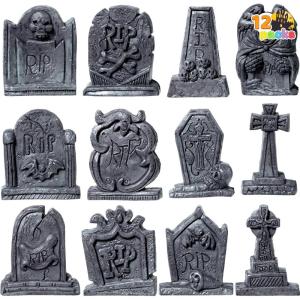 imageJOYIN 12 Pcs Halloween Miniature Tombstones Graveyard Decorations Outdoor RIP Headstone with Skull Cross Design for Halloween Cemetery Yard Lawn Outdoor Indoor Decorations Stone GrayGray
