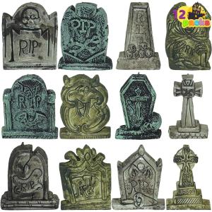 imageJOYIN 12 Pcs Halloween Miniature Tombstones Graveyard Decorations Outdoor RIP Headstone with Skull Cross Design for Halloween Cemetery Yard Lawn Outdoor Indoor Decorations Stone GrayMulticolor