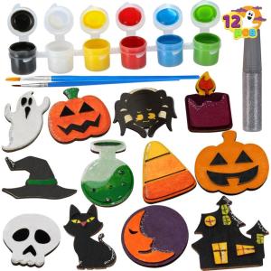 imageJOYIN 12 Pcs Halloween Wood Craft Kit Wooden Magnet Creativity Arts Painting Kit DIY Halloween Painting Craft for Kids Party Supplies Toddler Party Favors Family School Activities