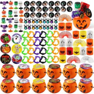 imageJOYIN 144 PCS Halloween Toy Gifts for Kid Trick or Treating 24 Pack Prefilled Mini Pumpkin Buckets with Spider Ring Popper Spring Vampire Teeth and Spinning Top Halloween Party Favors Supplies