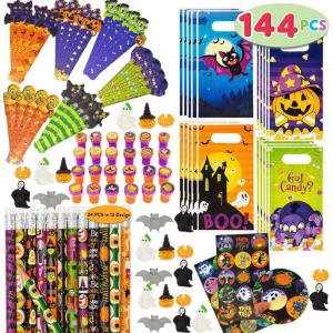 imageJOYIN 144 Pieces 24 Pack Assorted Halloween Themed Stationery Kids Gift Set Trick Treat Prize Party Favor Toy Including Halloween Pencils Rulers Stickers Stamps and Erasers in Trick or Treat Bags