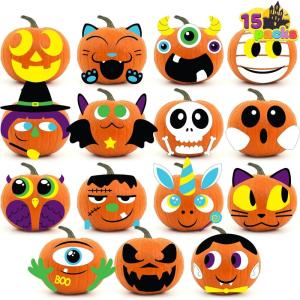 imageJOYIN 15 Packs Halloween Pumpkin Decorating Stickers Foam Craft Kit Party Supplies Party Favors for Kids Cute Jack O Lantern Face Stickers School Arts Activities Games Gifts