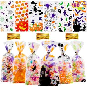 imageJOYIN 150 PCS Halloween Cellophane Candy Bags Clear Treat Bags with Twist Ties Halloween Trick or Treating Goodie Bag Non Candy Cookie Bag Bulk for Kids Classroom Party Favors Supplies in 6 Design