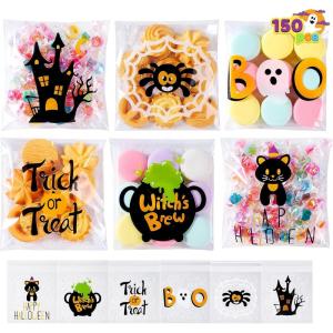 imageJOYIN 150 PCS Halloween Cellophane Treat Bags Self Adhesive Clear Cookie and Candy Bags for Kids Trick or Treating Small Goodie Gift Ziplock Bag Bulk for Halloween Party Favors Supplies in 6 Designs