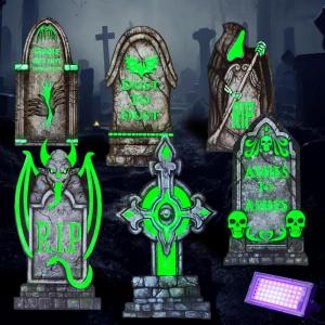 imageJOYIN 157 Halloween Decorations Outdoor Graveyard Tombstones 6 Pcs Skeleton RIP Plastic Gravestones Halloween Decor with 12 Metal Stakes for Yard Lawn Garden Prop Party Decor SuppliesFluorescence