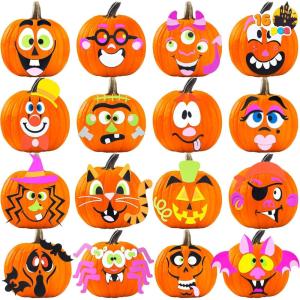 imageJOYIN 16 Packs Halloween Pumpkin Decorating Stickers Foam Craft Kit Halloween Party Favors for Kids Party Supplies Arts Activities Jack O Lantern Face Sticker School Games GiftsFunny