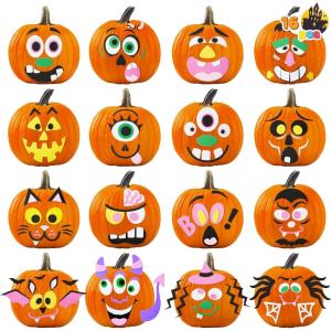 imageJOYIN 16 Packs Halloween Pumpkin Decorating Stickers Foam Craft Kit Halloween Party Favors for Kids Party Supplies Arts Activities Jack O Lantern Face Sticker School Games GiftsCute