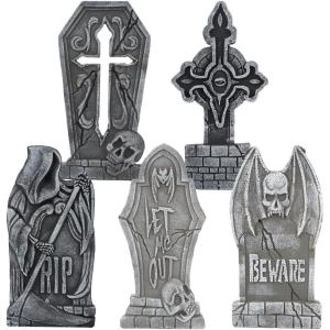imageJOYIN 17 Halloween Decorations Outdoor Tombstones 5 Pack Halloween Foam Graveyard Headstone Decorations with 12 Bonus Metal Stakes for Yard Lawn Outside DecorGray