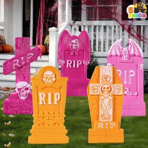 imageJOYIN 17 Halloween Foam RIP Graveyard Tombstones 5 Pack Halloween Tombstones Outdoor Decorations for Graves Decorations with 12 Metal Stakes for Cemetery Yard Lawn Party DecorPink  Orange