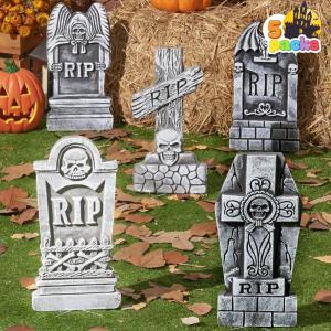 imageJOYIN 17 Halloween Foam RIP Graveyard Tombstones 5 Pack Halloween Tombstones Outdoor Decorations for Graves Decorations with 12 Metal Stakes for Cemetery Yard Lawn Party DecorGray