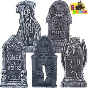 imageJOYIN 17 Halloween Tombstones for Graves Decorations Outdoor 5 Pack Foam RIP Graveyard Headstone Decorations and 12 Bonus Metal Stakes for Halloween Yard Lawn Decor
