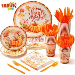 imageJOYIN 175 PCS Thanksgiving Disposable Paper Plates Paper Gold Disposable Dinnerware Set Thanksgiving Party Fall Harvest Party Supplies Plates and Napkins Sets 25 Guests