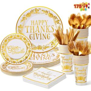 imageJOYIN 175Pcs Thanksgiving Paper Plates Set Disposable Dinnerware for Festive GatheringThanksgiving Party Fall Harvest Paper Gold Disposable Dinnerware Set for 25 Guests Party Supplies